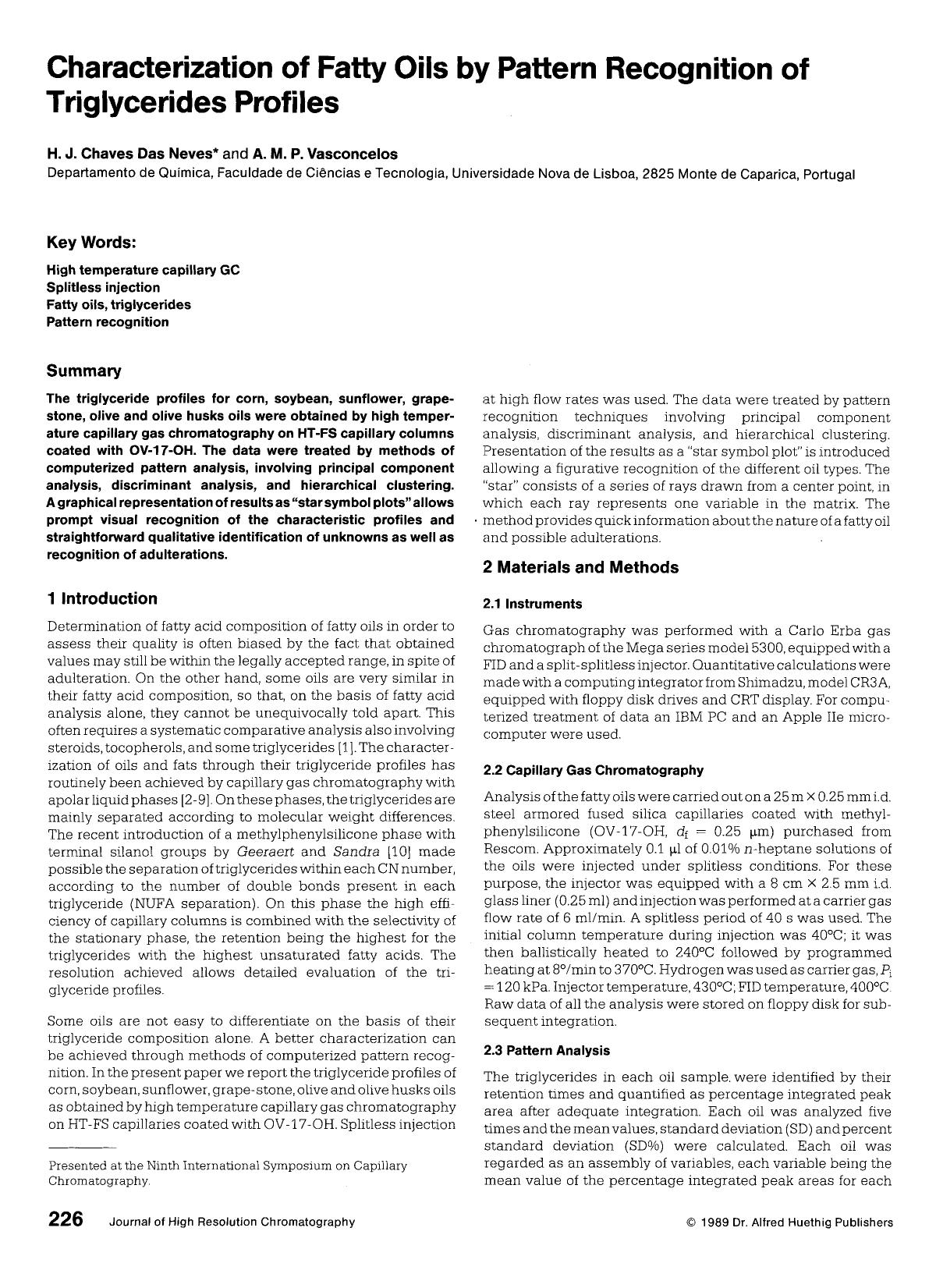 Characterization of fatty oils by pattern recognition of triglycerides profiles by Unknown