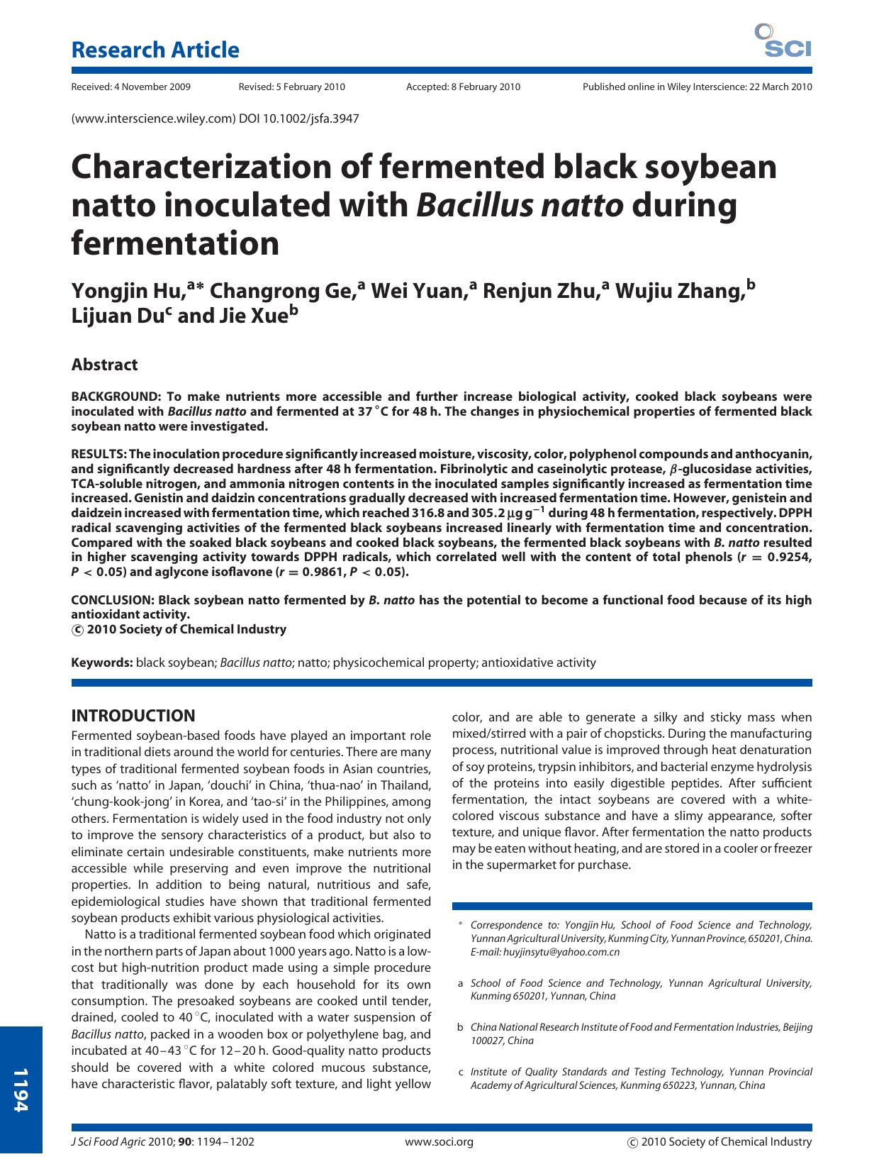 Characterization of fermented black soybean natto inoculated with Bacillus natto during fermentation by Unknown