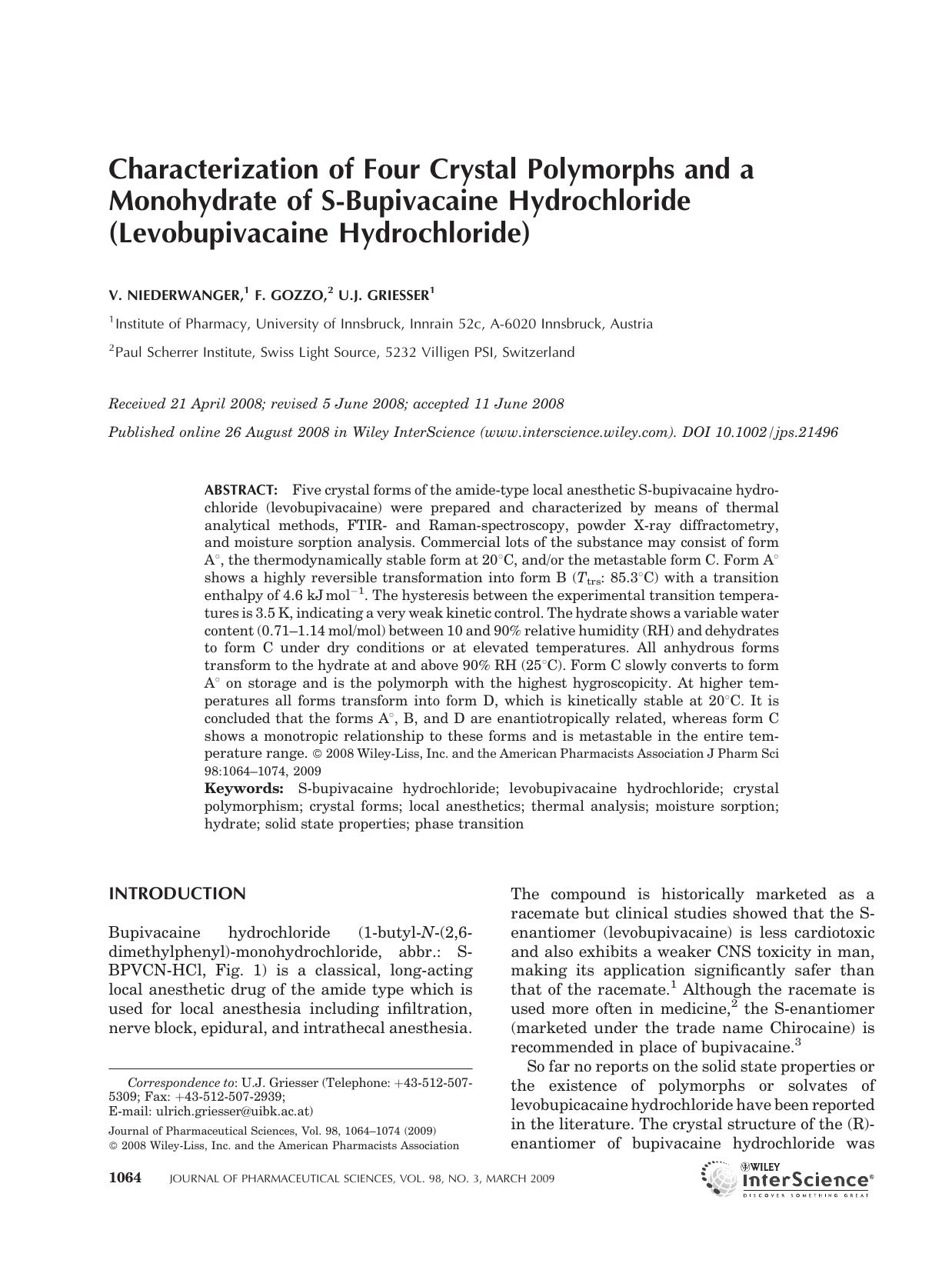 Characterization of four crystal polymorphs and a monohydrate of s-bupivacaine hydrochloride (levobupivacaine hydrochloride) by Unknown