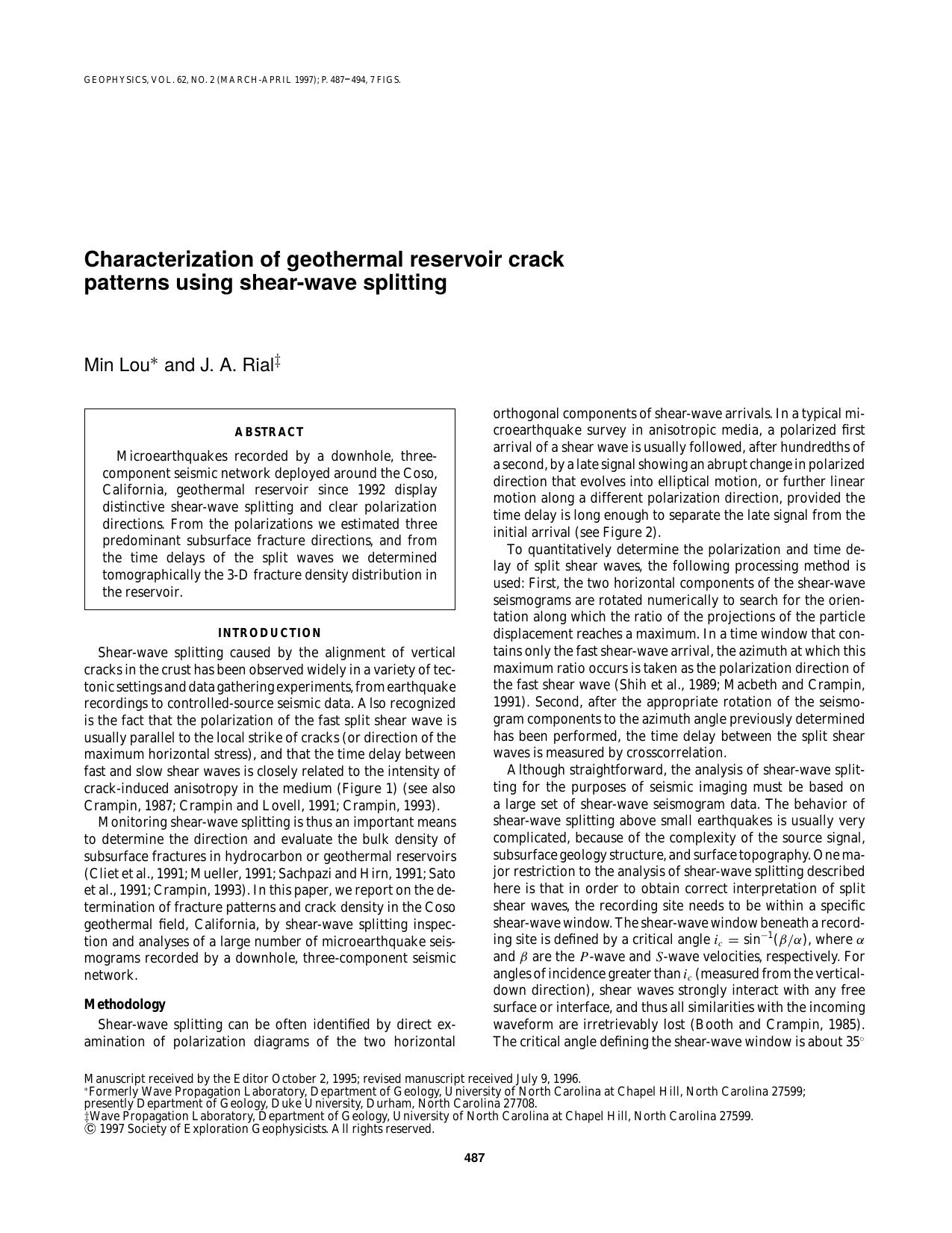 Characterization of geothermal reservoir crack patterns using shear-wave splitting by M. Lou J. A. Rial