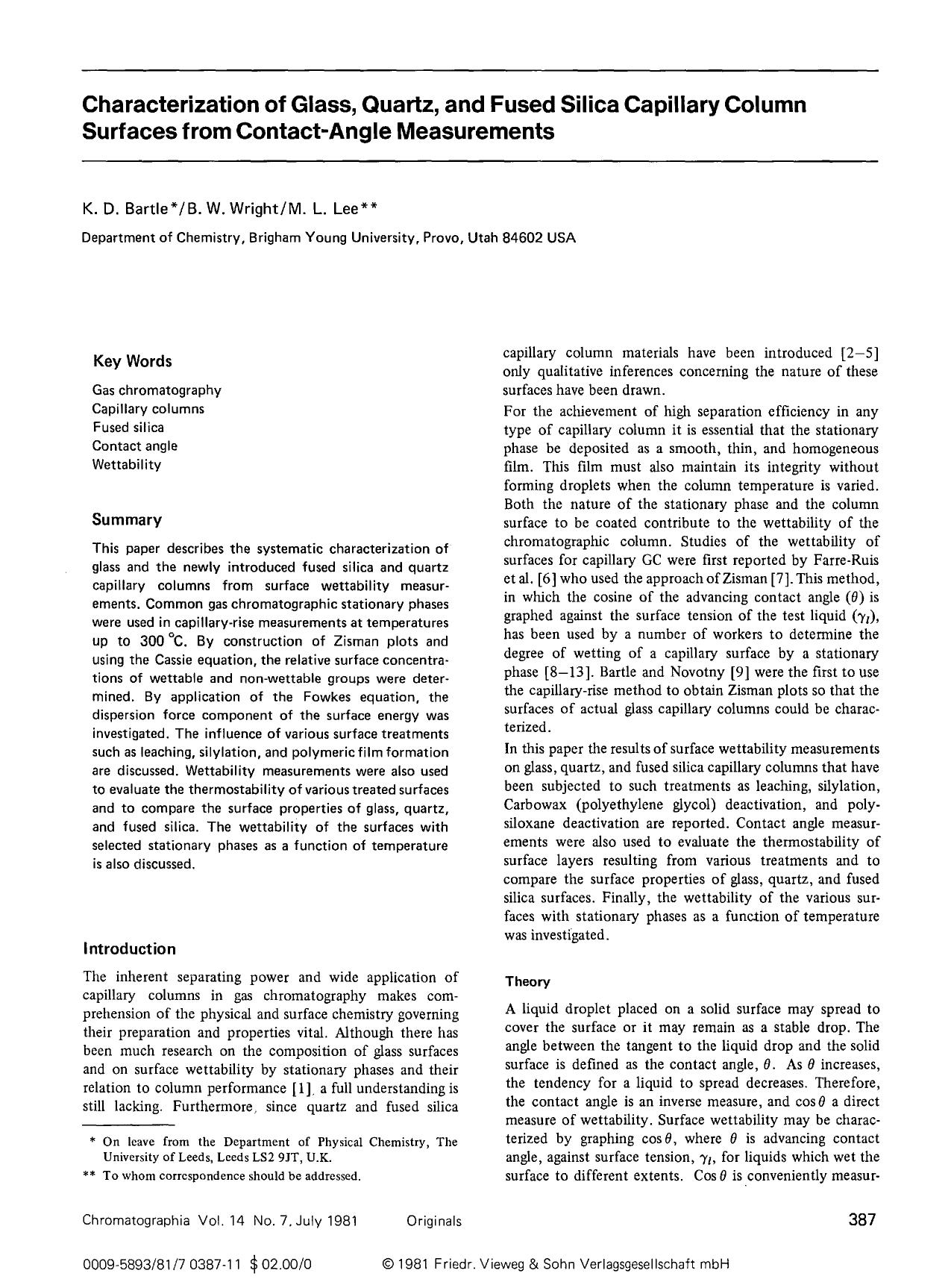 Characterization of glass, quartz, and fused silica capillary column surfaces from contact-angle measurements by Unknown