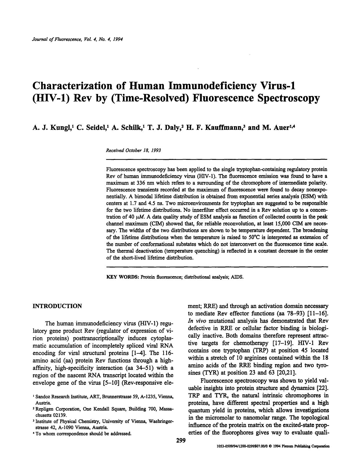 Characterization of human immunodeficiency virus-1 (HIV-1) rev by (time-resolved) fluorescence spectroscopy by Unknown