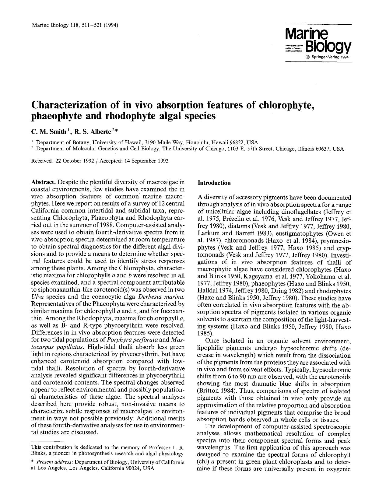 Characterization of in vivo absorption features of chlorophyte, phaeophyte and rhodophyte algal species by Unknown