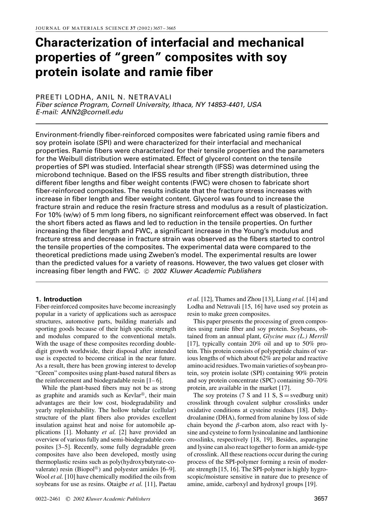Characterization of interfacial and mechanical properties of “green” composites with soy protein isolate and ramie fiber by Unknown