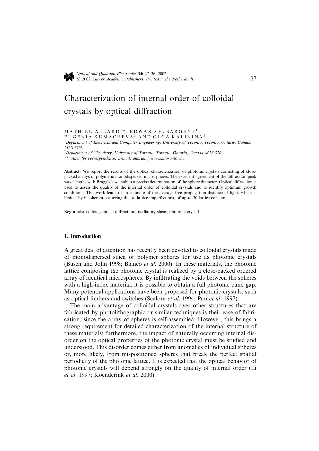 Characterization of internal order of colloidal crystals by optical diffraction by Unknown