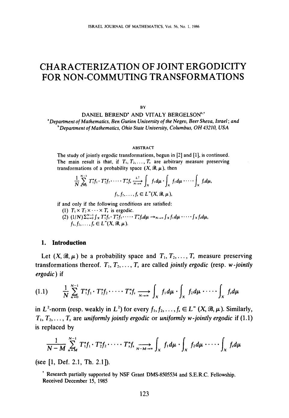 Characterization of joint ergodicity for non-commuting transformations by Unknown