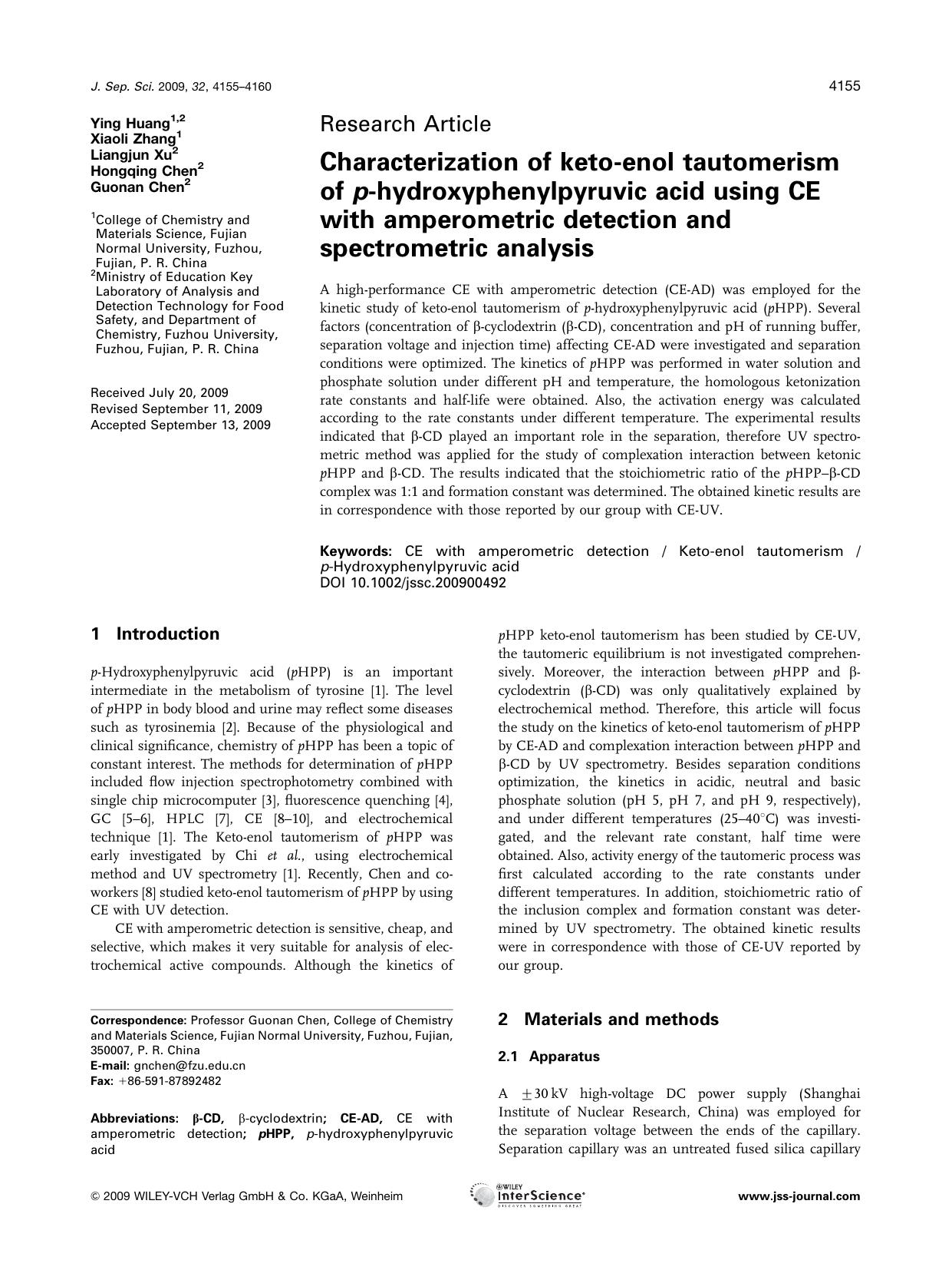 Characterization of keto-enol tautomerism of p-hydroxyphenylpyruvic acid using CE with amperometric detection and spectrometric analysis by Unknown