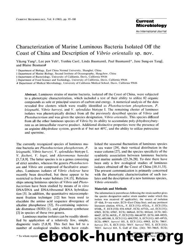 Characterization of marine luminous bacteria isolated off the Coast of China and description of <Emphasis Type="Italic">Vibrio orientalis <Emphasis> sp. nov. by Unknown