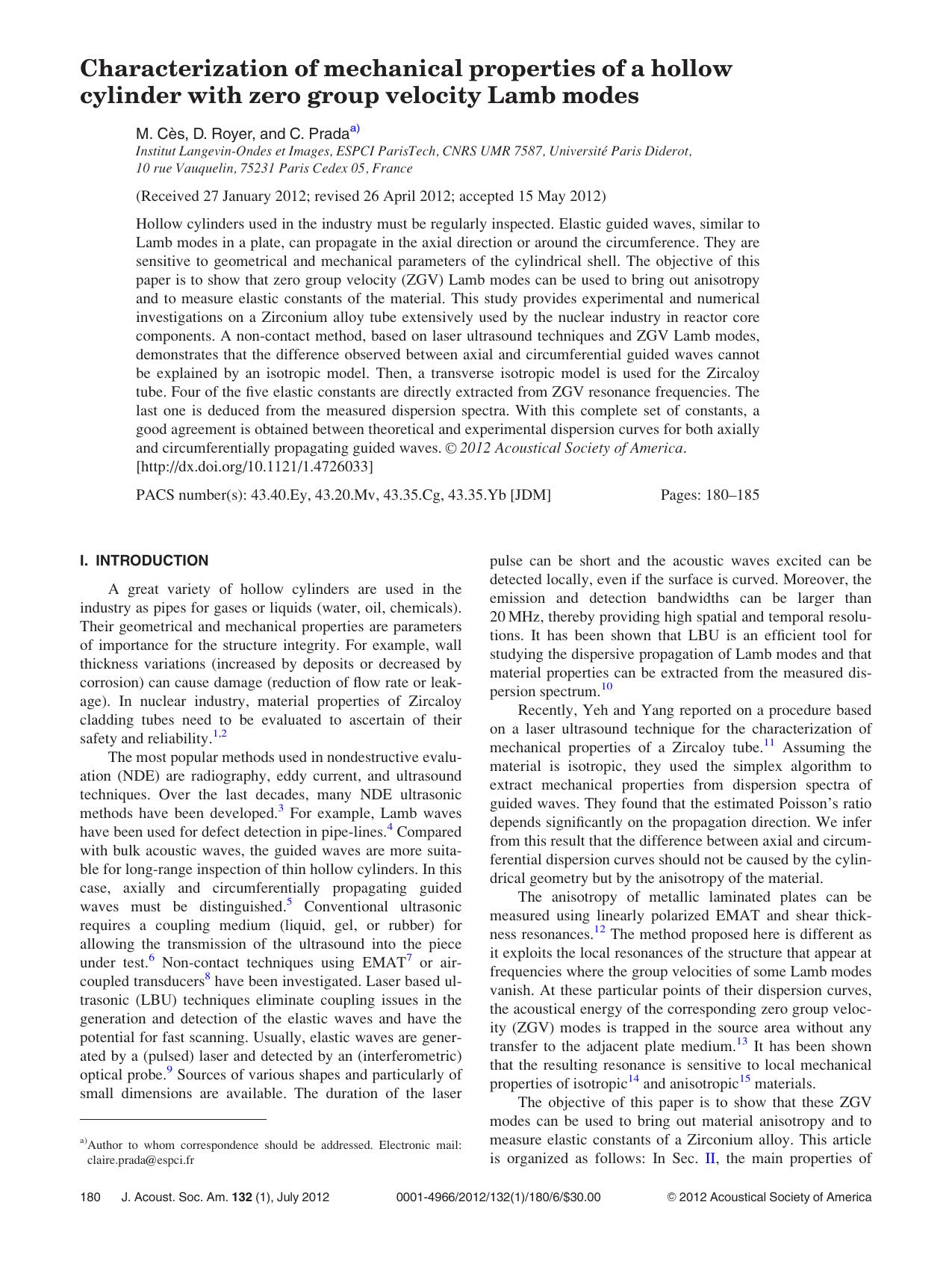 Characterization of mechanical properties of a hollow cylinder with zero group velocity Lamb modes by M. Ce`s D. Royer and C. Pradaa)