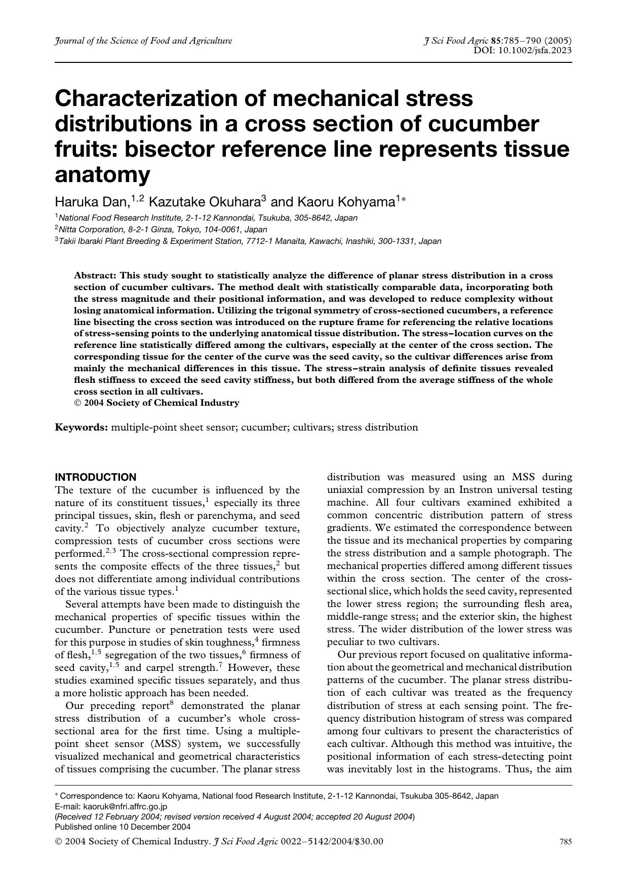 Characterization of mechanical stress distributions in a cross section of cucumber fruits: bisector reference line represents tissue anatomy by Unknown