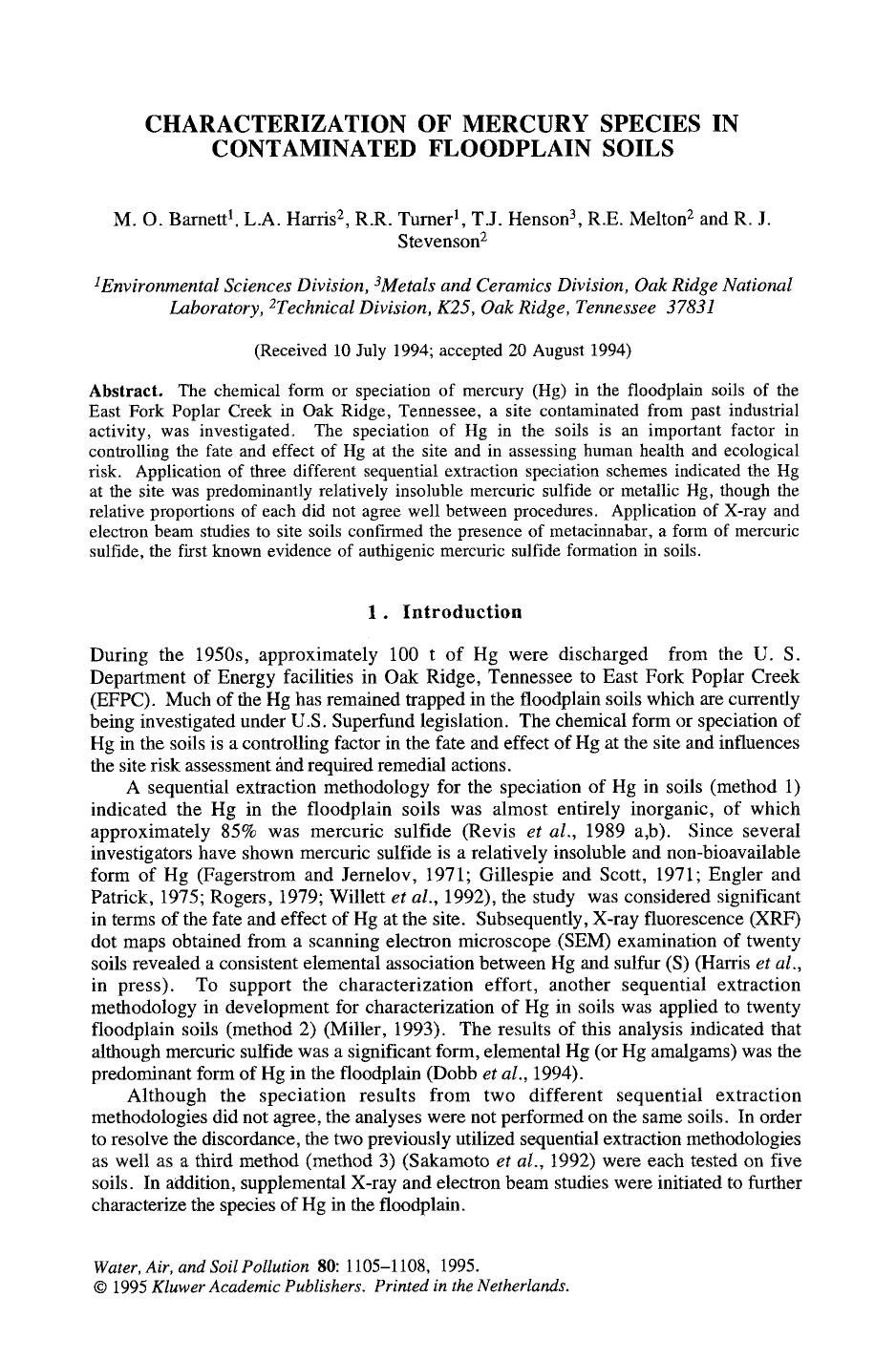 Characterization of mercury species in contaminated floodplain soils by Unknown