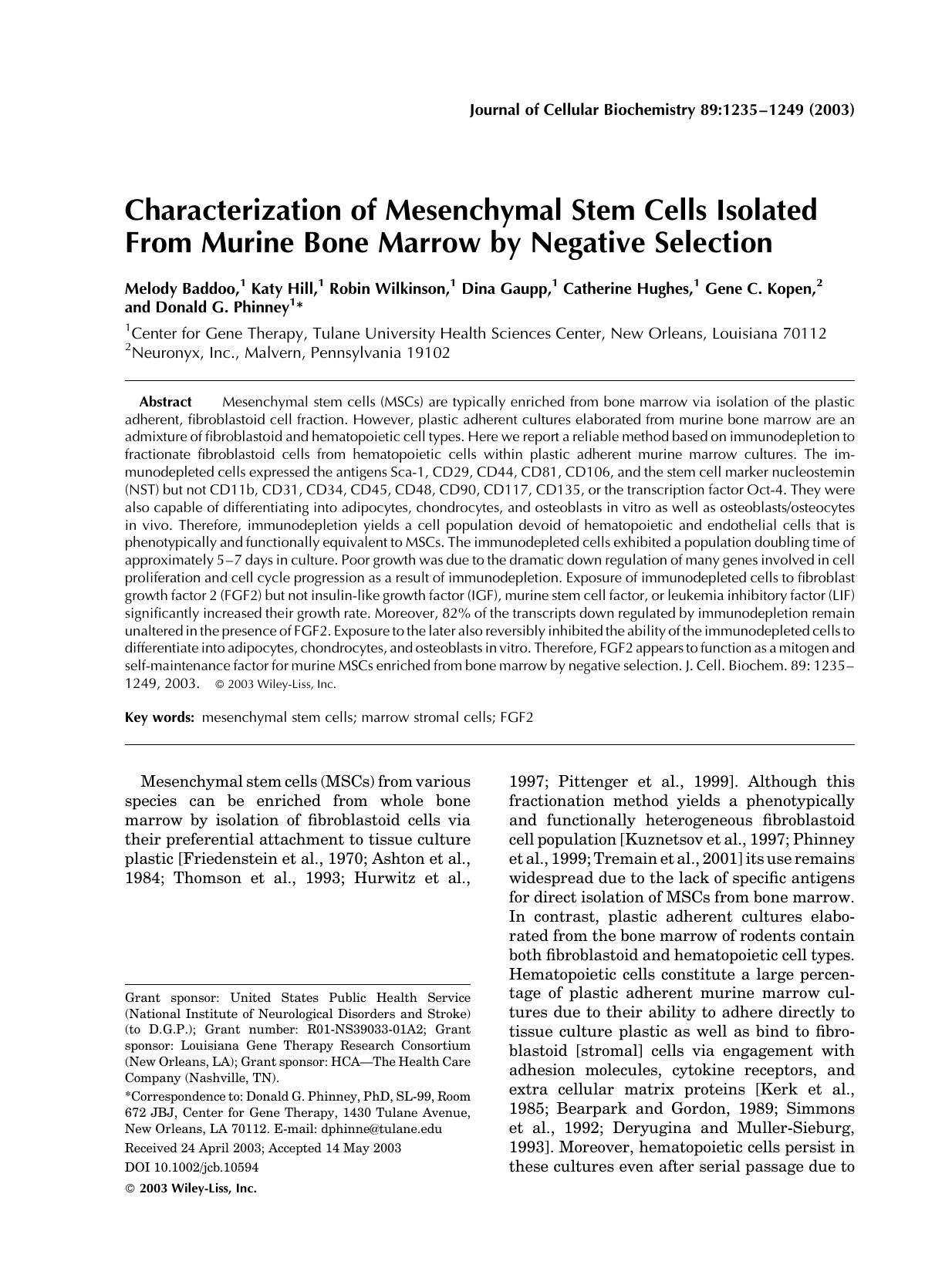 Characterization of mesenchymal stem cells isolated from murine bone marrow by negative selection by Unknown