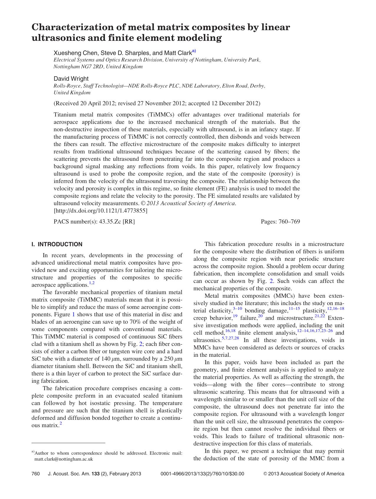 Characterization of metal matrix composites by linear ultrasonics and finite element modeling by Xuesheng Chen Steve D. Sharples and Matt Clarka) and David Wright