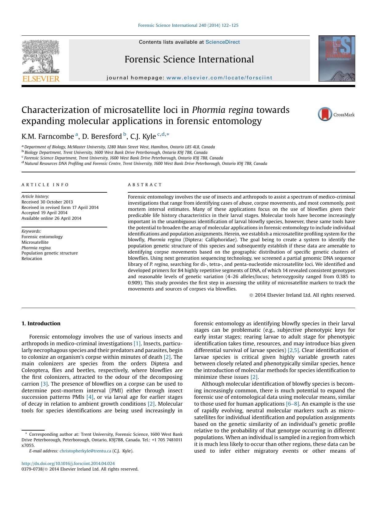 Characterization of microsatellite loci in Phormia regina towards expanding molecular applications in forensic entomology by K.M. Farncombe & D. Beresford & C.J. Kyle