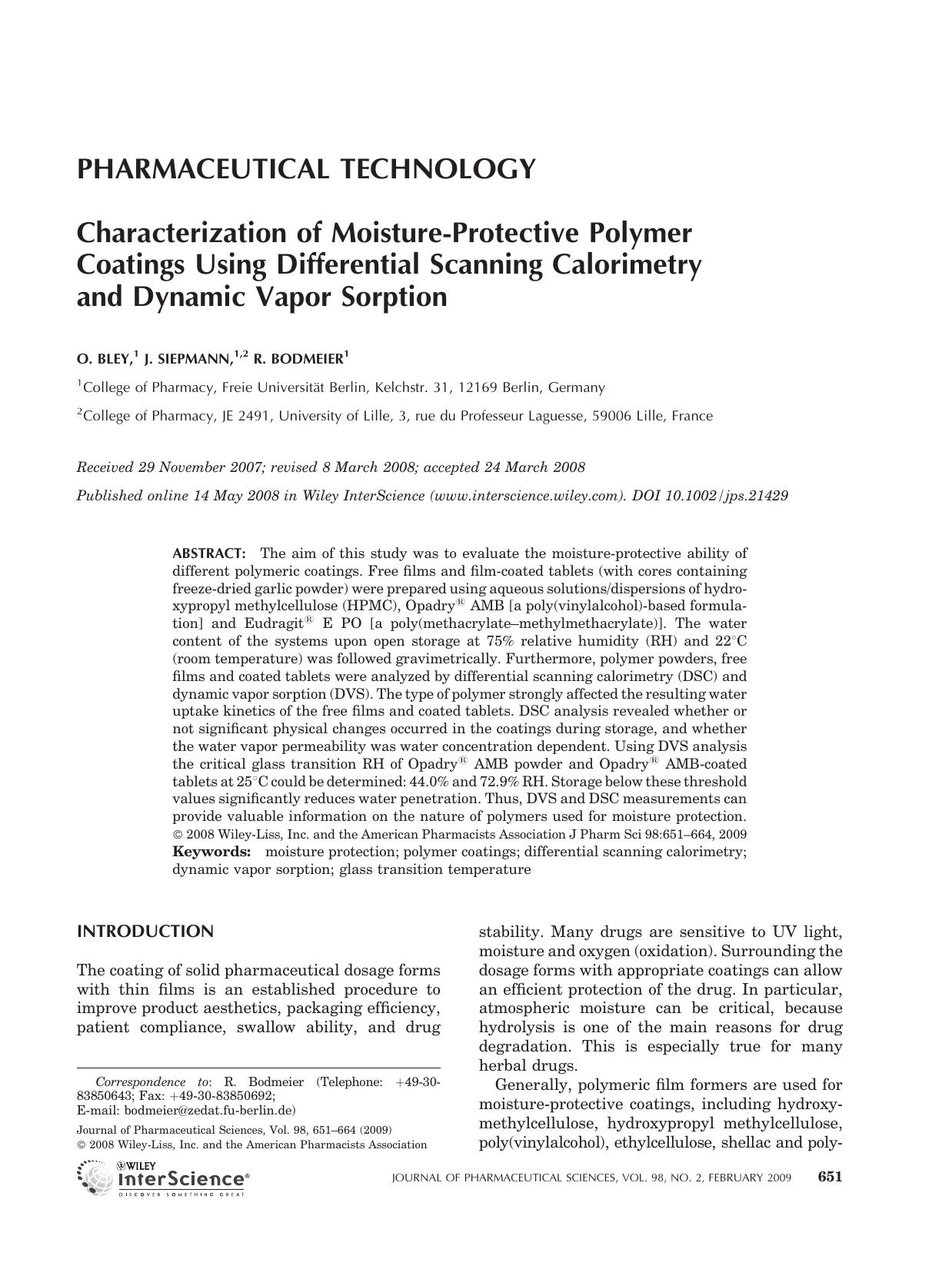 Characterization of moisture-protective polymer coatings using differential scanning calorimetry and dynamic vapor sorption by Unknown