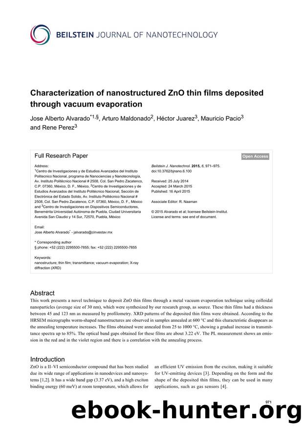 Characterization of nanostructured ZnO thin films deposited through vacuum evaporation by Jose Alberto Alvarado Arturo Maldonado Héctor Juarez Mauricio Pacio Rene Perez