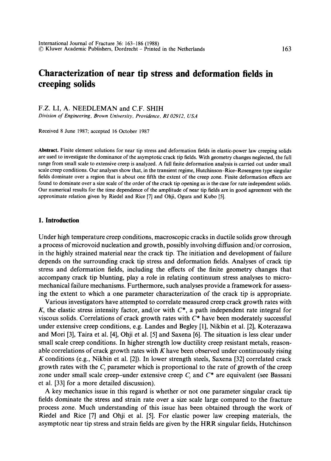 Characterization of near tip stress and deformation fields in creeping solids by Unknown