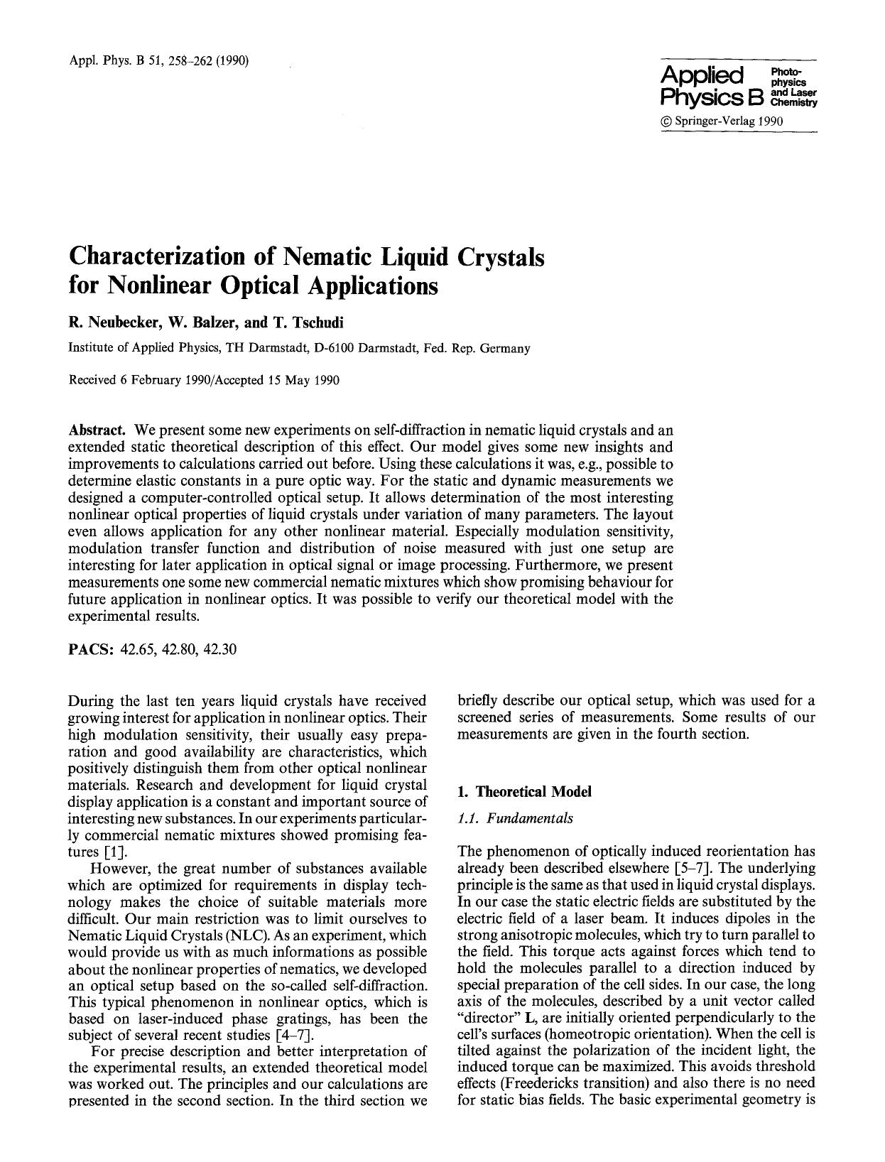 Characterization of nematic liquid crystals for nonlinear optical applications by Unknown