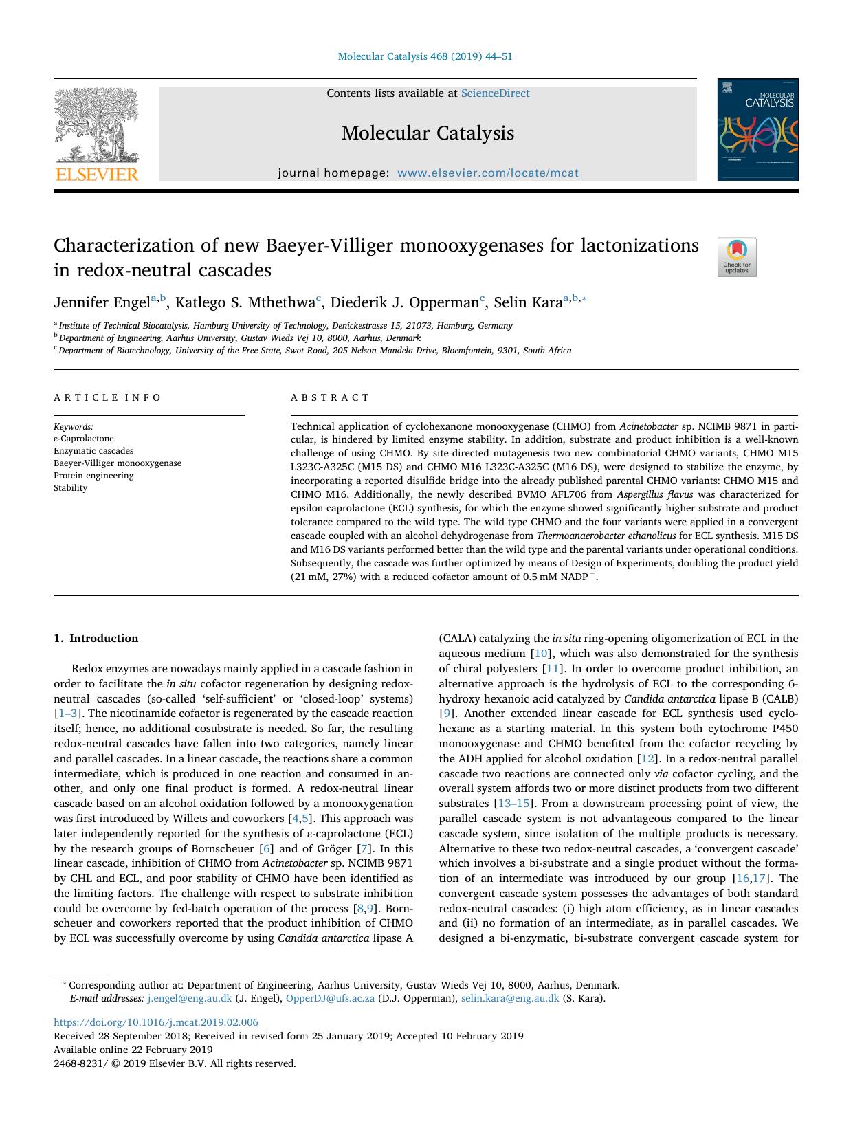 Characterization of new Baeyer-Villiger monooxygenases for lactonizations in redox-neutral cascades by Jennifer Engel & Katlego S. Mthethwa & Diederik J. Opperman & Selin Kara