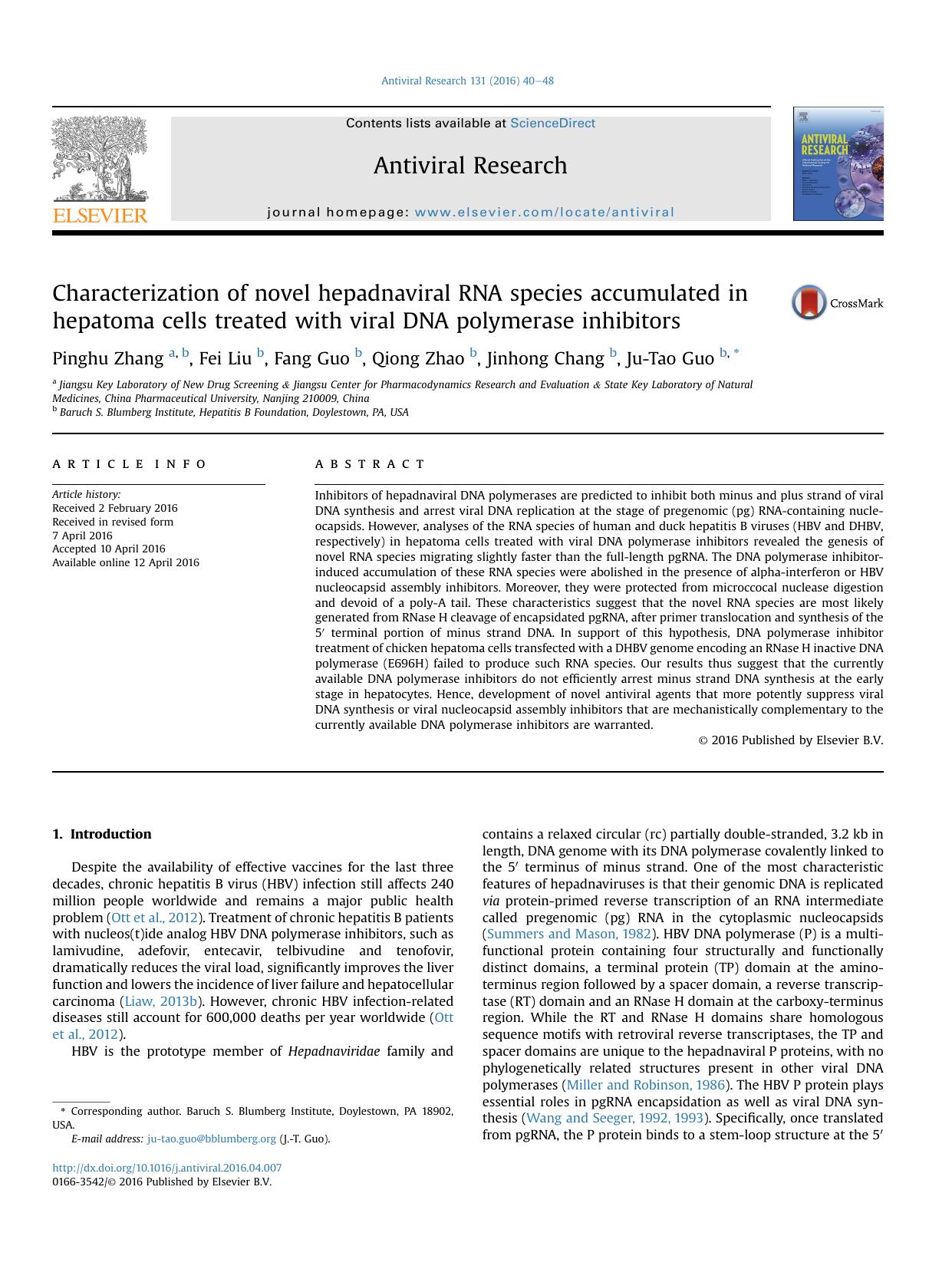 Characterization of novel hepadnaviral RNA species accumulated in hepatoma cells treated with viral DNA polymerase inhibitors by Pinghu Zhang & Fei Liu & Fang Guo & Qiong Zhao & Jinhong Chang & Ju-Tao Guo