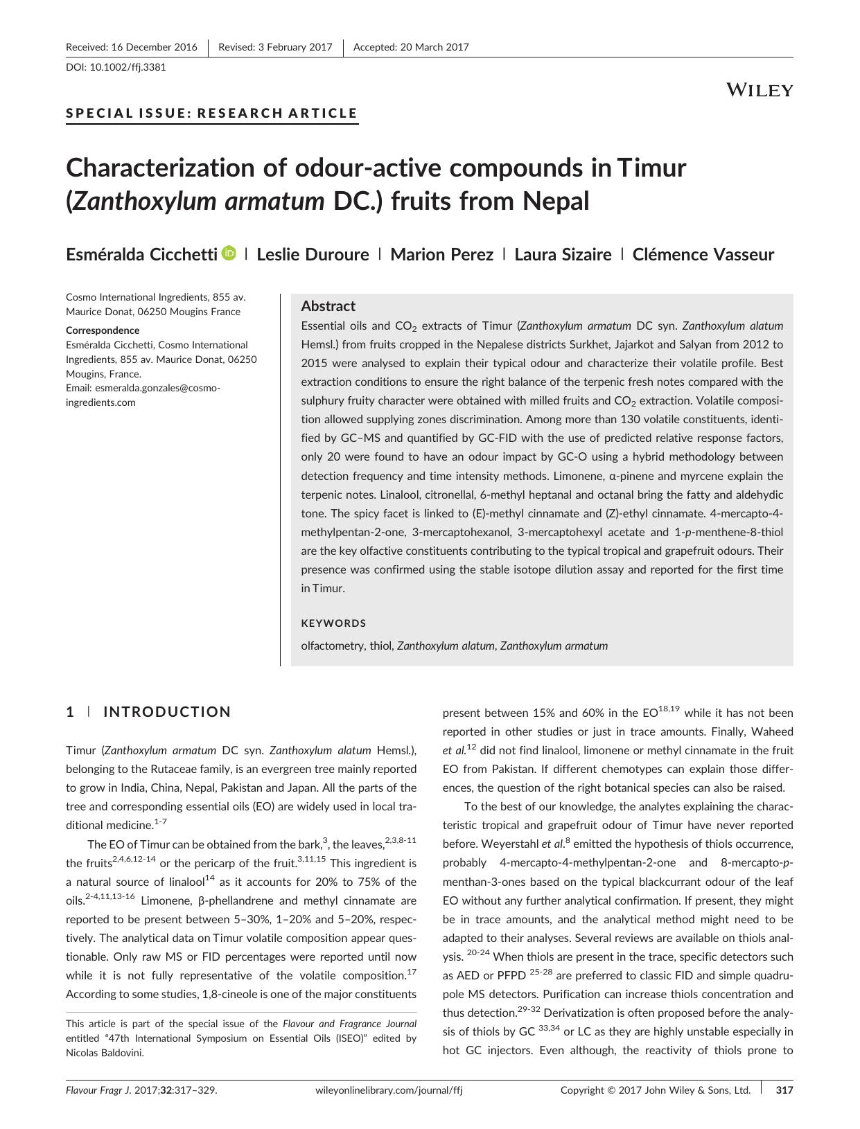 Characterization of odourâactive compounds in Timur (Zanthoxylum armatum DC.) fruits from Nepal by Esméralda Cicchetti Leslie Duroure Marion Perez Laura Sizaire Clémence Vasseur
