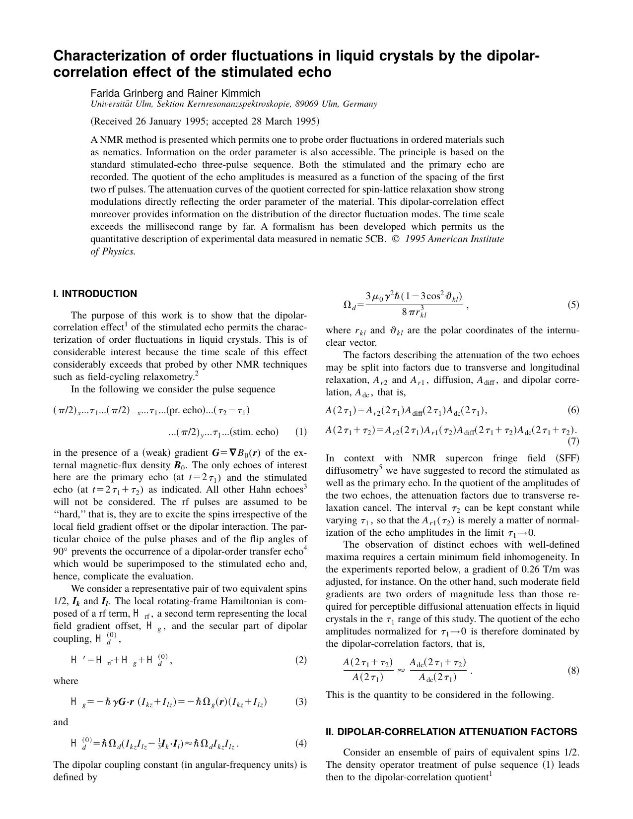 Characterization of order fluctuations in liquid crystals by the dipolar-correlation effect of the stimulated echo by Farida Grinberg and Rainer Kimmich