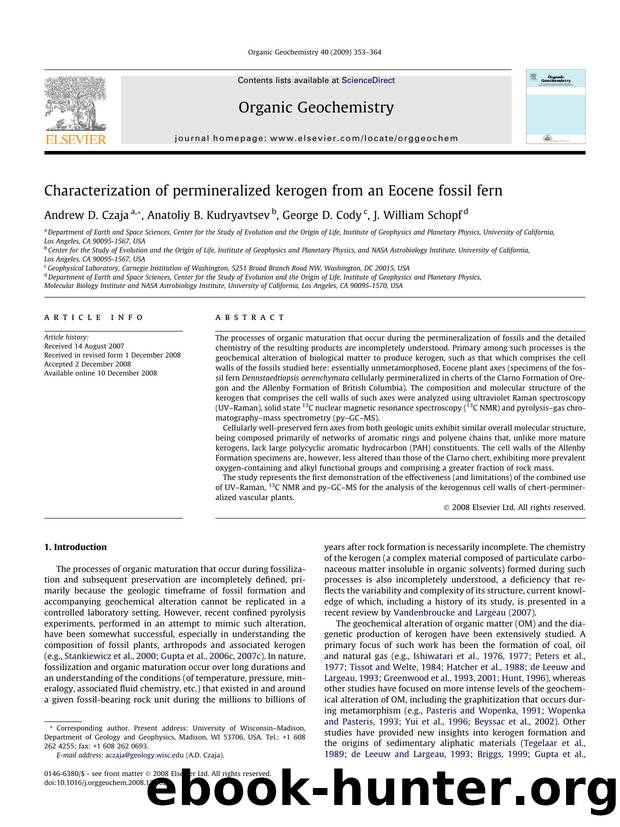 Characterization of permineralized kerogen from an Eocene fossil fern by Andrew D. Czaja; Anatoliy B. Kudryavtsev; George D. Cody; J. William Schopf