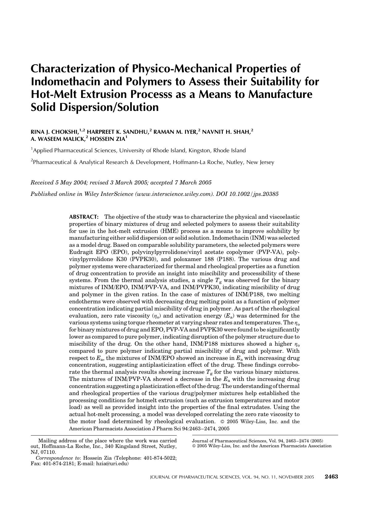Characterization of physico-mechanical properties of indomethacin and polymers to assess their suitability for hot-melt extrusion processs as a means to manufacture solid dispersionsolution by Unknown