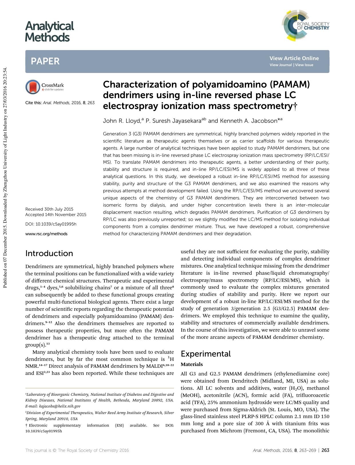 Characterization of polyamidoamino (PAMAM) dendrimers using in-line reversed phase LC electrospray ionization mass spectrometry by John R. Lloyd & P. Suresh Jayasekara & Kenneth A. Jacobson