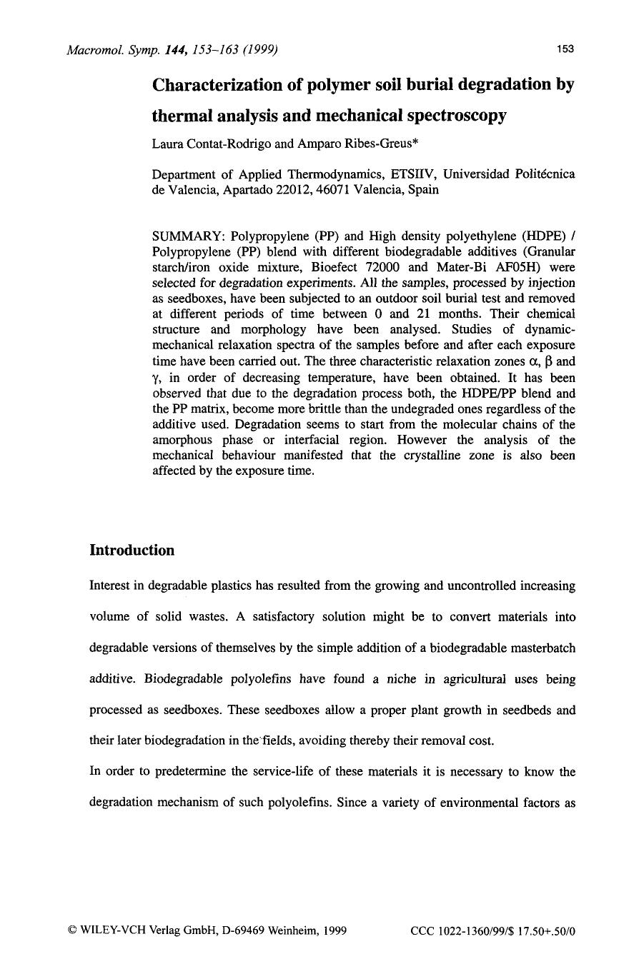 Characterization of polymer soil burial degradation by thermal analysis and mechanical spectroscopy by Unknown