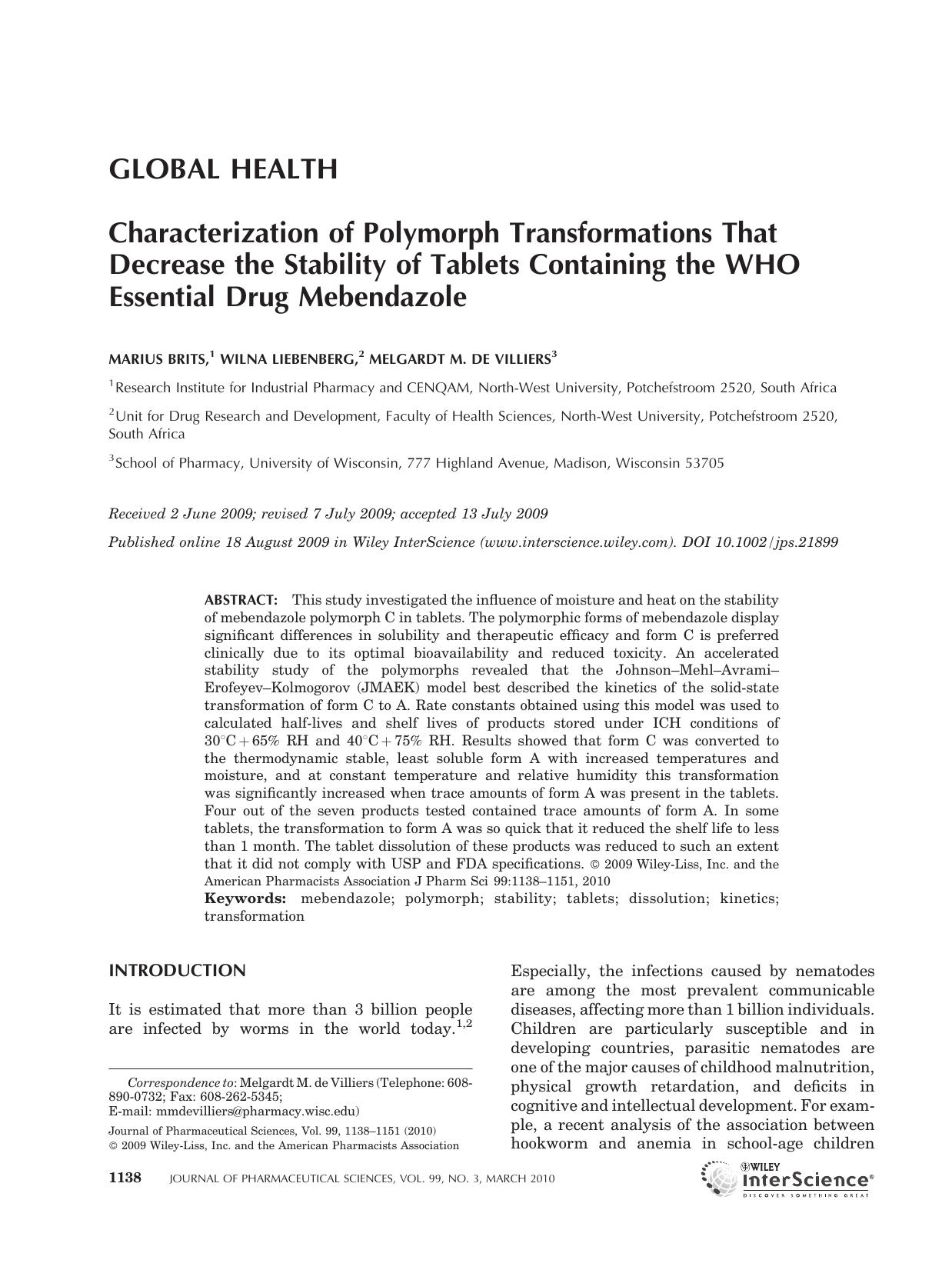 Characterization of polymorph transformations that decrease the stability of tablets containing the WHO essential drug mebendazole by Unknown