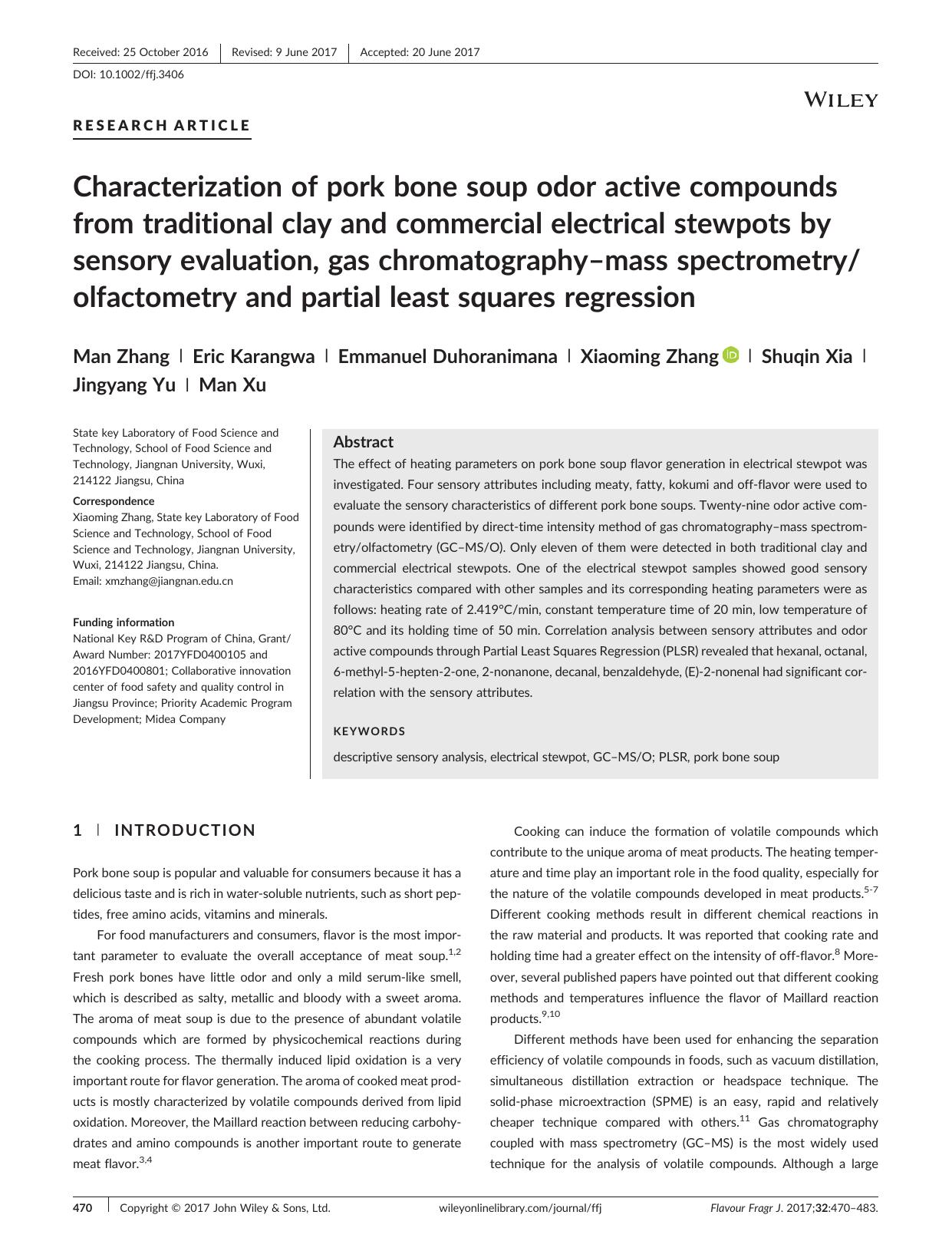 Characterization of pork bone soup odor active compounds from traditional clay and commercial electrical stewpots by sensory evaluation, gas chromatographyâmass spectrometryolfac by Man Zhang Eric Karangwa Emmanuel Duhoranimana Xiaoming Zhang Shuqin Xia Jingyang Yu Man Xu