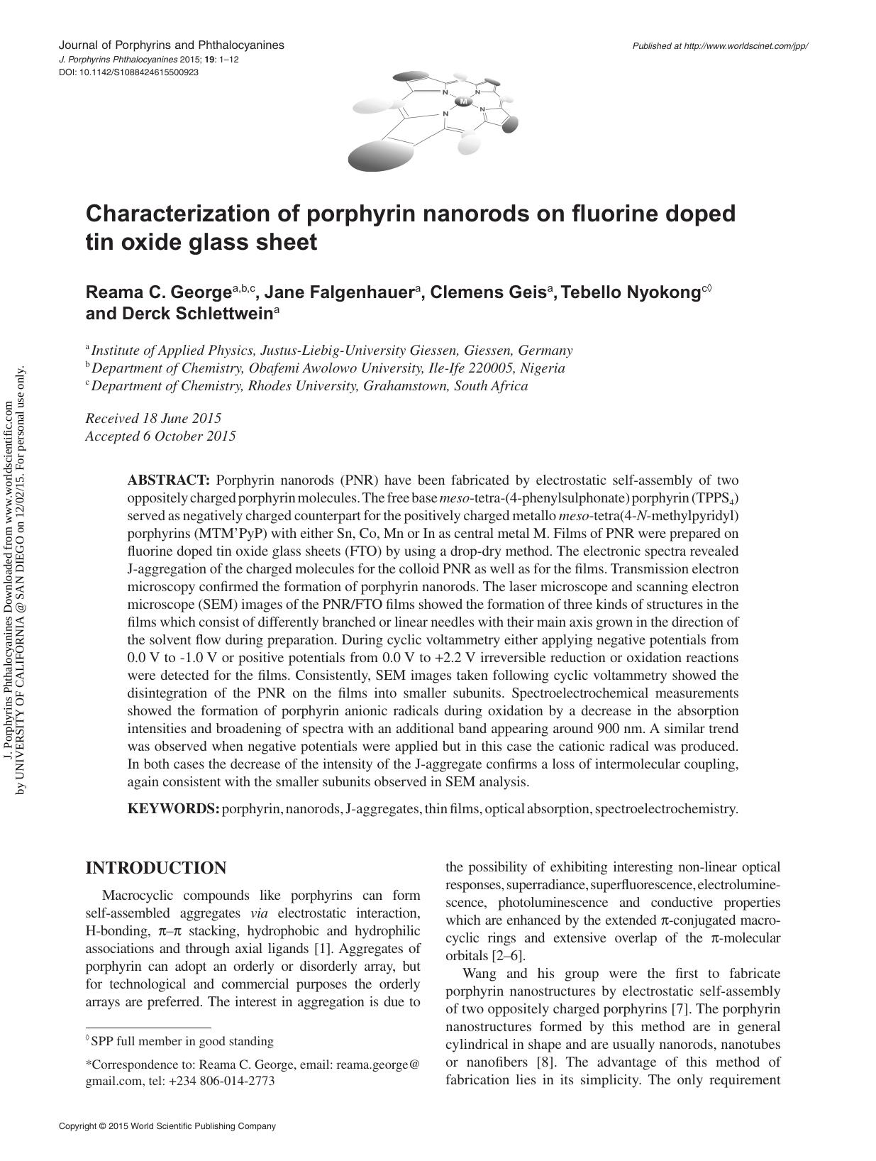 Characterization of porphyrin nanorods on fluorine doped tin oxide glass sheet by Reama C. George Jane Falgenhauer Clemens Geis Tebello Nyokong & Derck Schlettwein