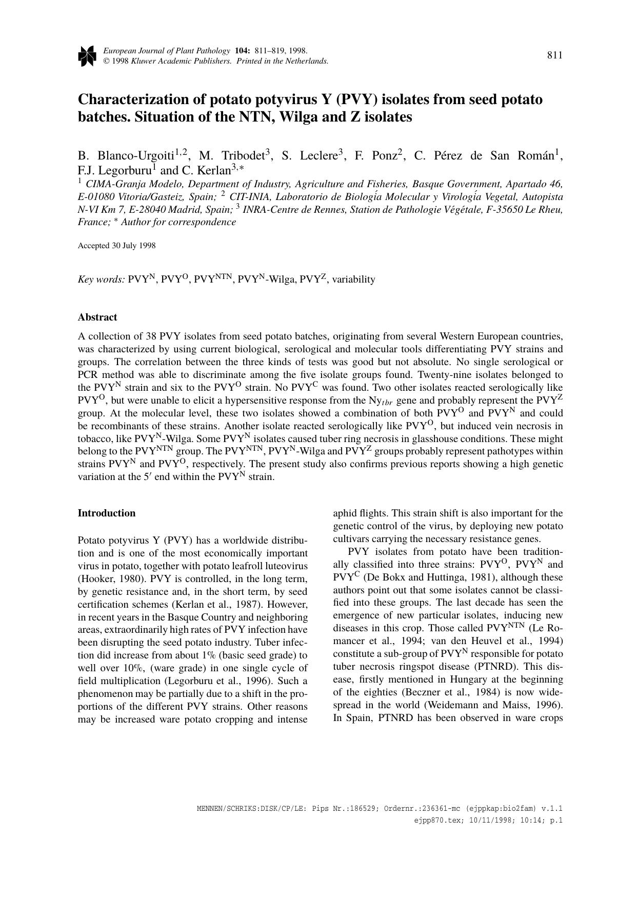 Characterization of potato potyvirus Y (PVY) isolates from seed potato batches. Situation of the NTN, Wilga and Z isolates by Unknown