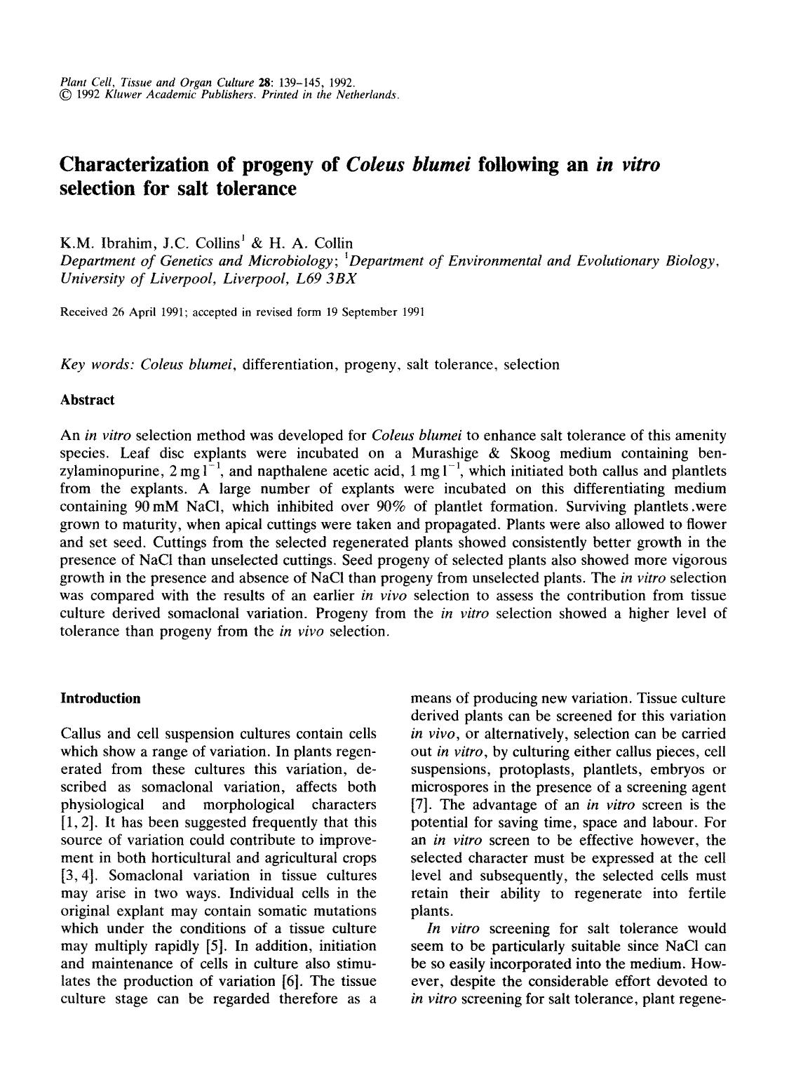 Characterization of progeny of <Emphasis Type="Italic">Coleus blumei<Emphasis> following an <Emphasis Type="Italic">in vitro<Emphasis> selection for salt tolerance by Unknown