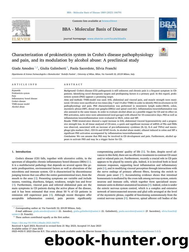 Characterization of prokineticin system in Crohn's disease pathophysiology and pain, and its modulation by alcohol abuse: A preclinical study by Giada Amodeo & Giulia Galimberti & Paola Sacerdote & Silvia Franchi