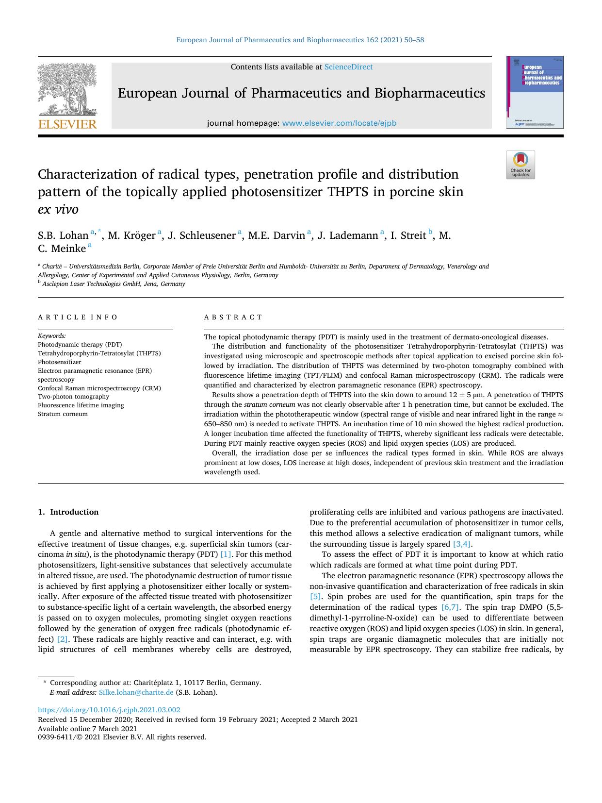 Characterization of radical types, penetration profile and distribution pattern of the topically applied photosensitizer THPTS in porcine skin ex vivo by S.B. Lohan & M. Kröger & J. Schleusener & M.E. Darvin & J. Lademann & I. Streit & M.C. Meinke