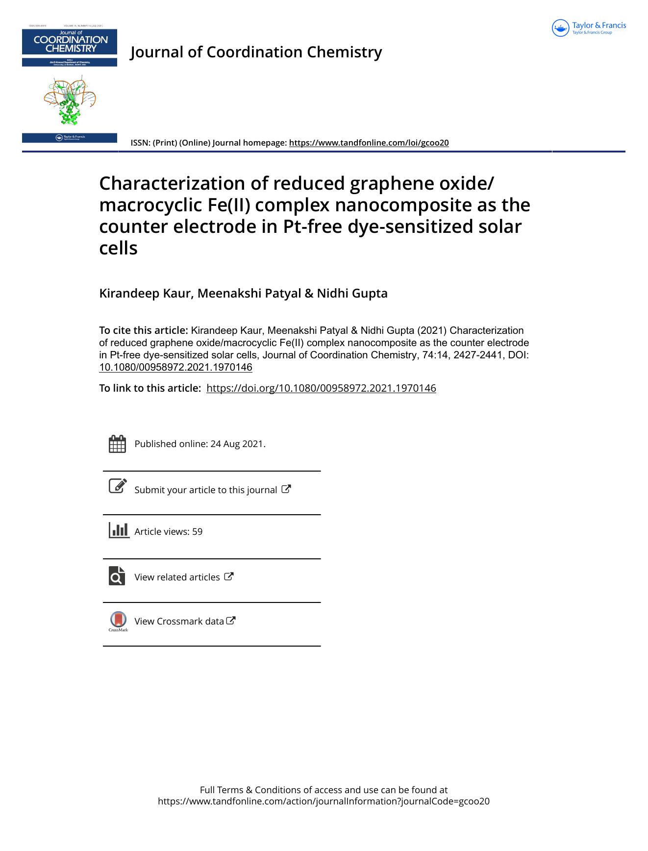 Characterization of reduced graphene oxidemacrocyclic Fe(II) complex nanocomposite as the counter electrode in Pt-free dye-sensitized solar cells by Kaur Kirandeep & Patyal Meenakshi & Gupta Nidhi