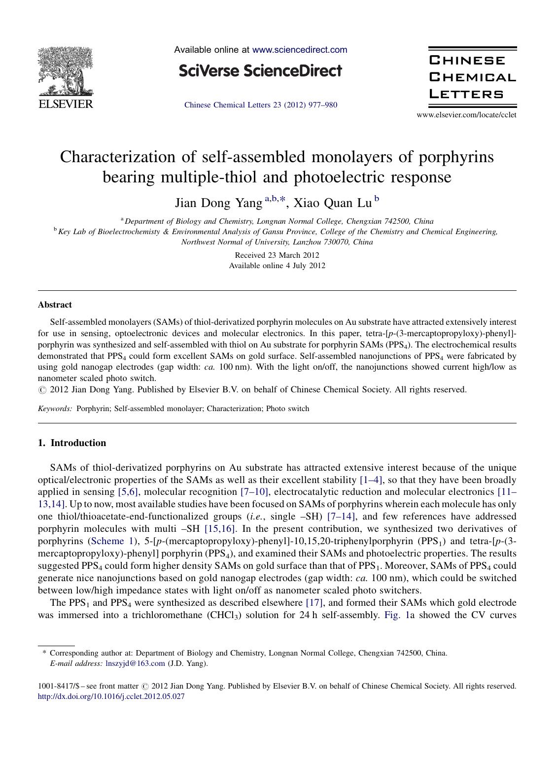 Characterization of self-assembled monolayers of porphyrins bearing multiple-thiol and photoelectric response by Jian Dong Yang