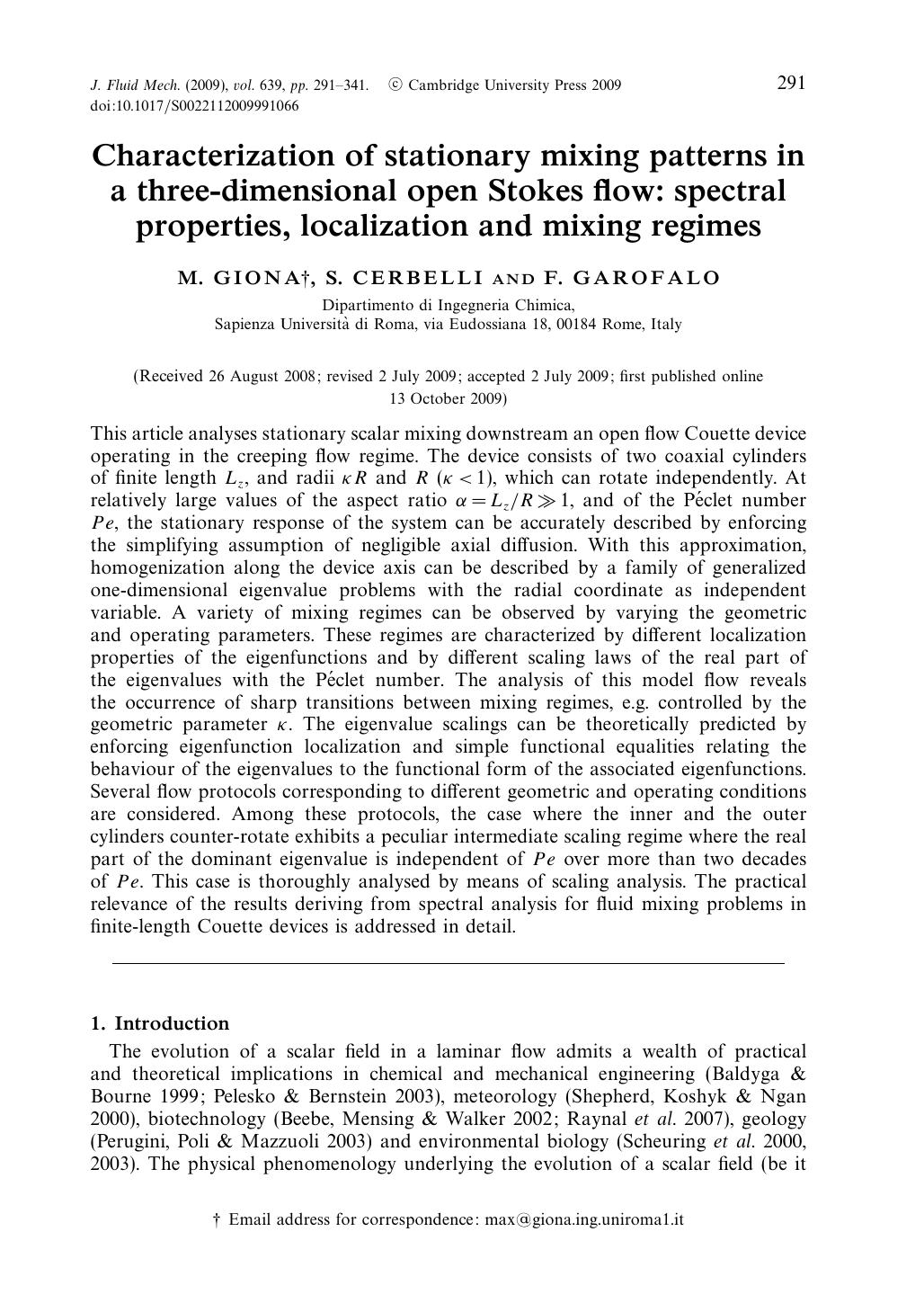 Characterization of stationary mixing patterns in a three-dimensional open Stokes flow: spectral properties, localization and mixing regimes by M. GIONA S. CERBELLI F. GAROFALO