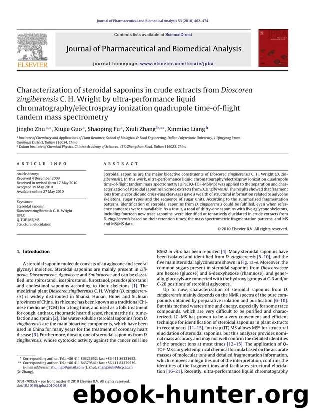 Characterization of steroidal saponins in crude extracts from Dioscorea zingiberensis C. H. Wright by ultra-performance liquid chromatographyelectrospray ionization quadrupole time by Jingbo Zhu