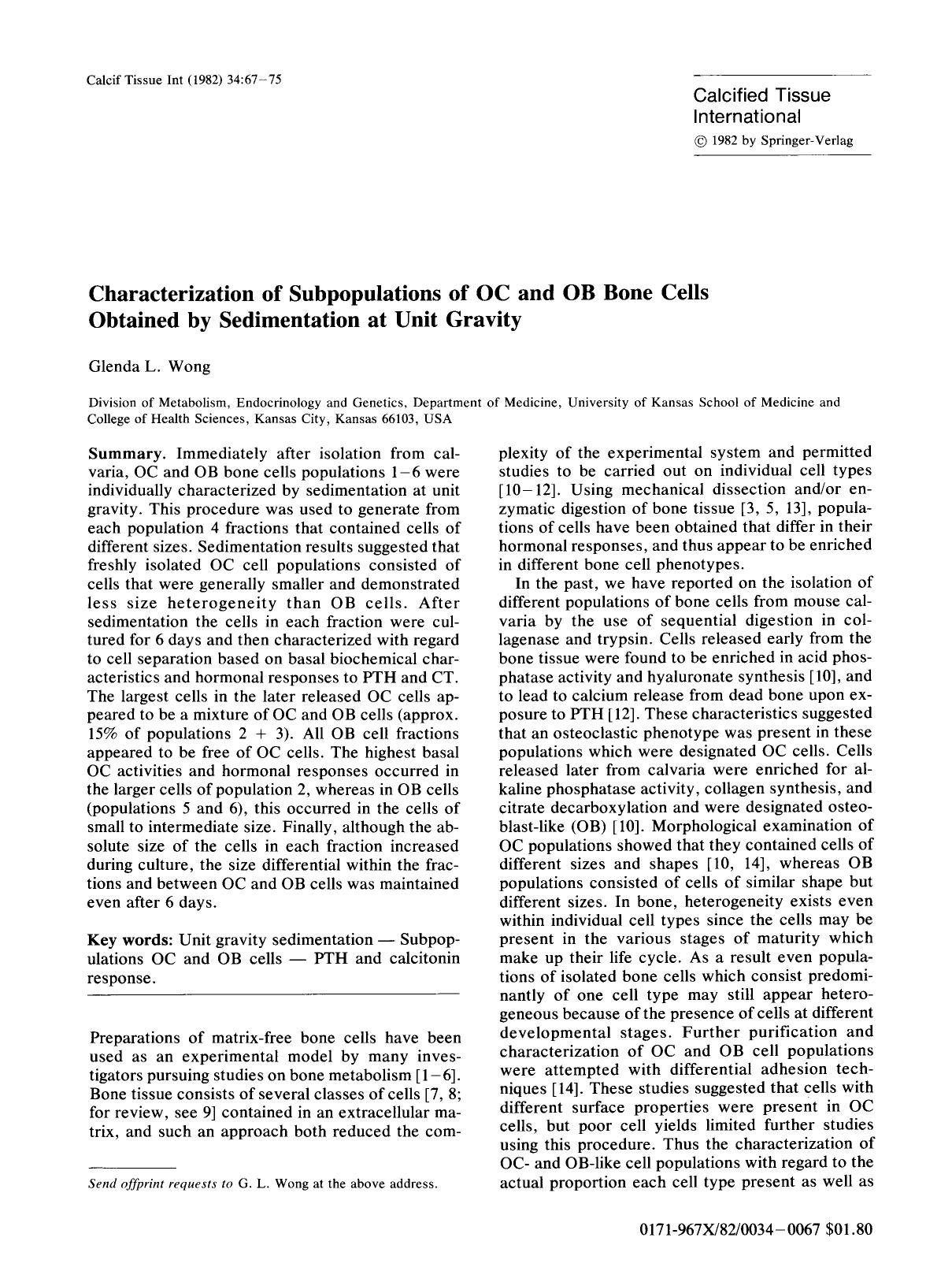 Characterization of subpopulations of OC and OB bone cells obtained by sedimentation at unit gravity by Unknown