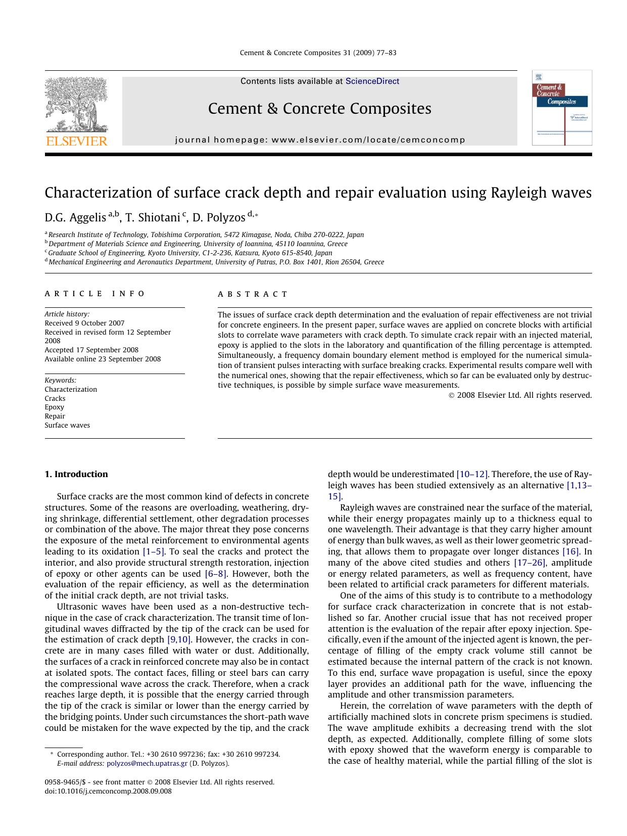 Characterization of surface crack depth and repair evaluation using Rayleigh waves by D.G. Aggelis; T. Shiotani; D. Polyzos
