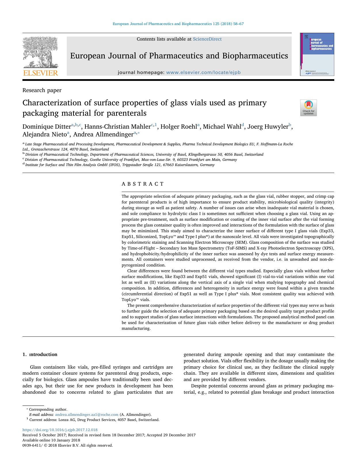 Characterization of surface properties of glass vials used as primary packaging material for parenterals by unknow