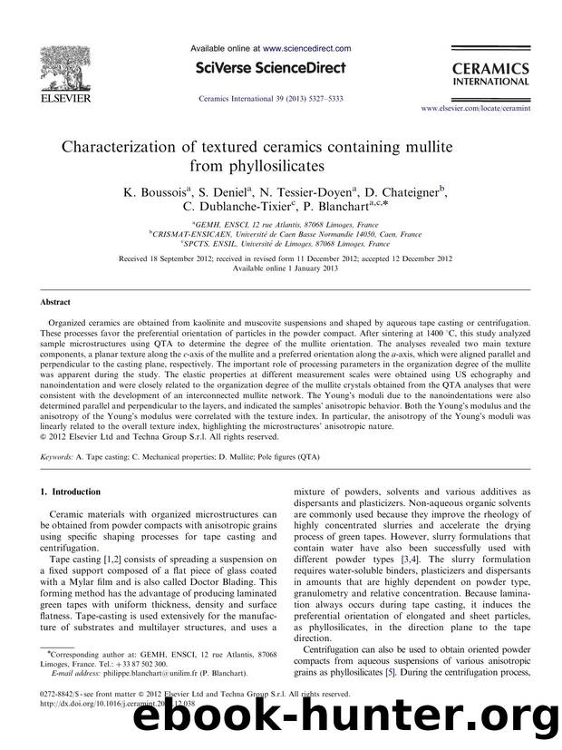 Characterization of textured ceramics containing mullite from phyllosilicates by K. Boussois & S. Deniel & N. Tessier-Doyen & D. Chateigner & C. Dublanche-Tixier & P. Blanchart