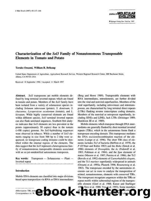 Characterization of the  <Emphasis Type="Italic">Sol3 <Emphasis> family of nonautonomous transposable elements in tomato and potato by Unknown