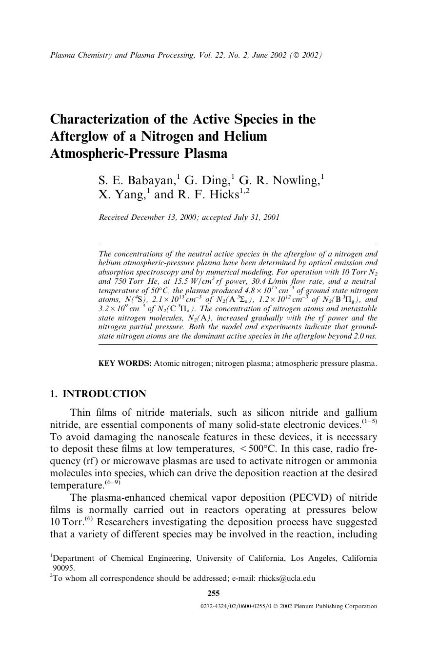 Characterization of the Active Species in the Afterglow of a Nitrogen and Helium Atmospheric-Pressure Plasma by Unknown