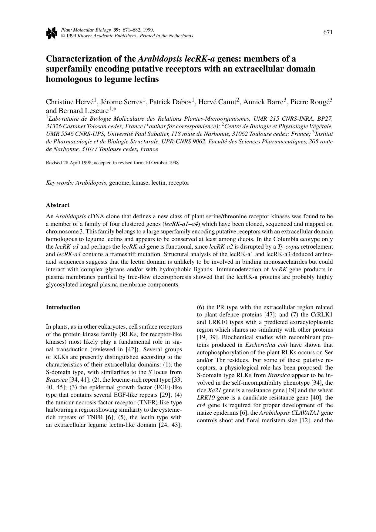 Characterization of the Arabidopsis lecRK-a genes: members of a superfamily encoding putative receptors with an extracellular domain homologous to legume lectins by Unknown