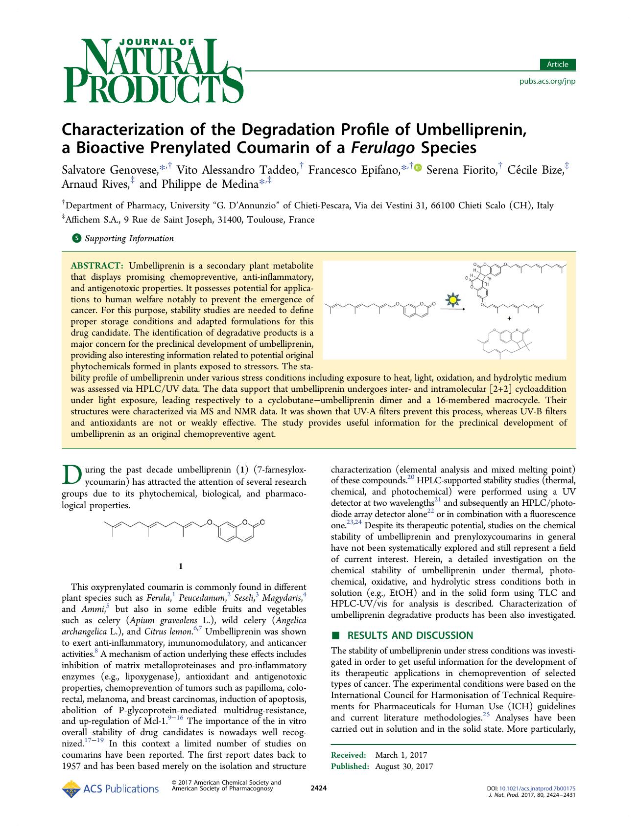 Characterization of the Degradation Profile of Umbelliprenin, a Bioactive Prenylated Coumarin of a Ferulago Species by unknow