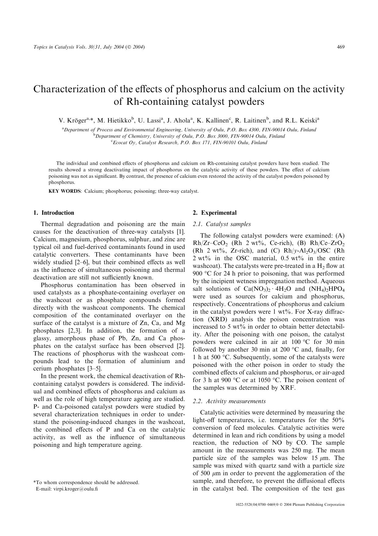 Characterization of the Effects of Phosphorus and Calcium on the Activity of Rh-Containing Catalyst Powders by Unknown